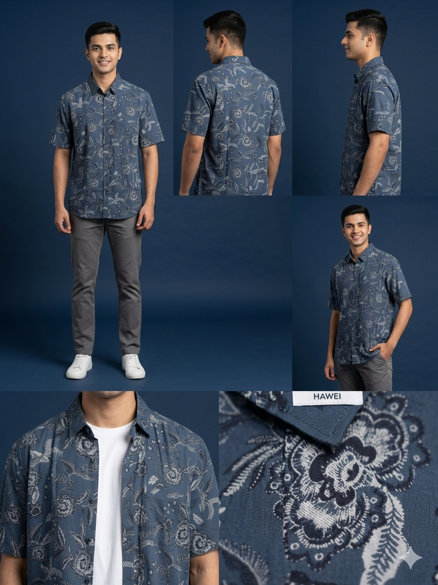 NAVY Premium Breathable Rayon Cotton Floral Button-Down