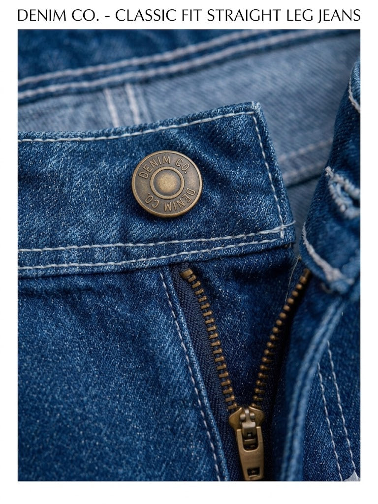 Blue Classic Fit Straight Leg Jeans