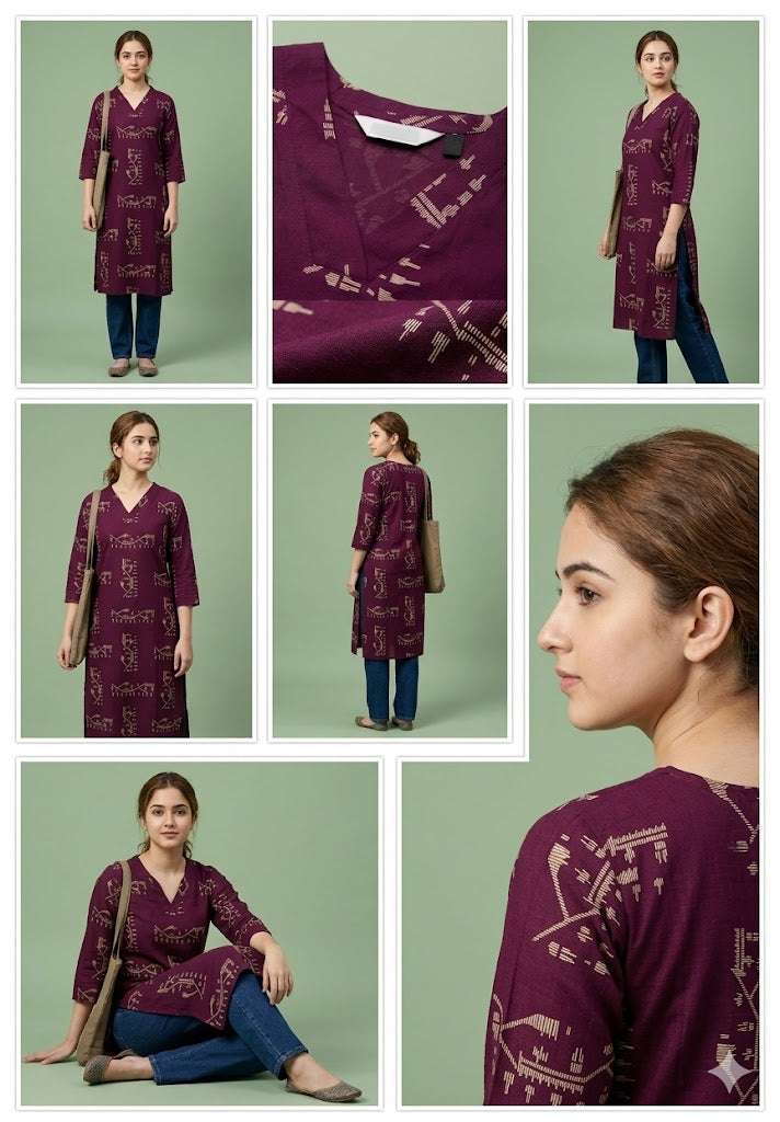 DEEP MEGENTA Geometric Print Cotton Straight Kurti