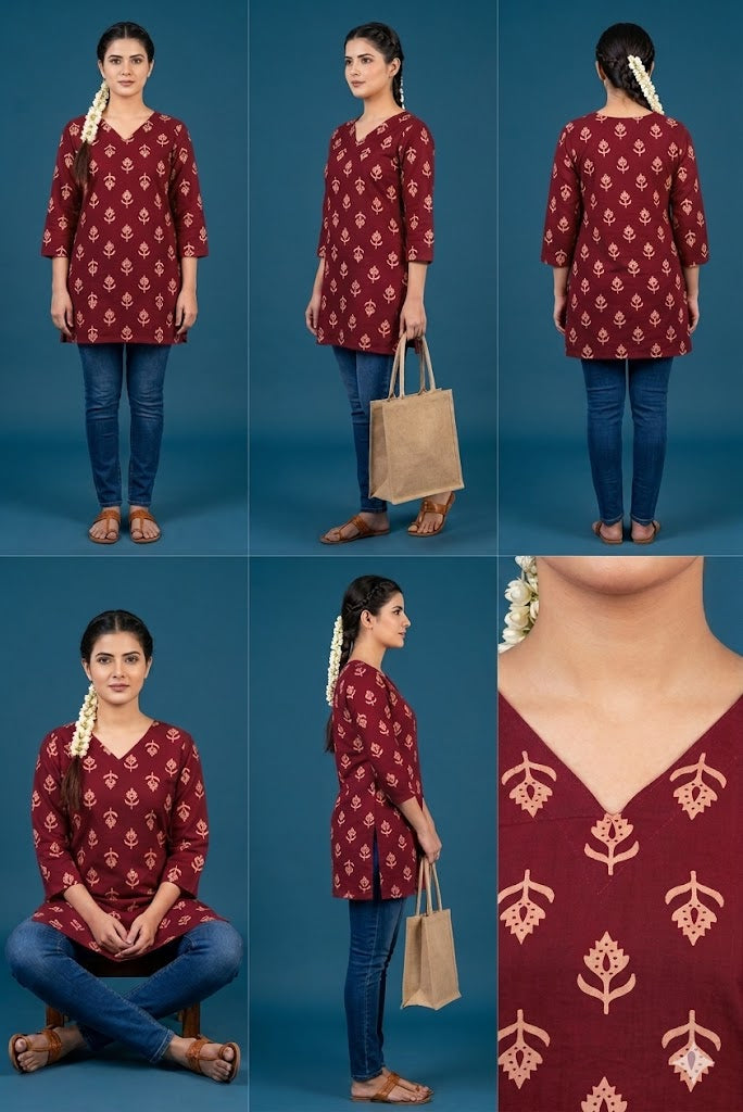 MEGANTA PINK LINEN-COTTON PRINTED SHORT KURTI TOP