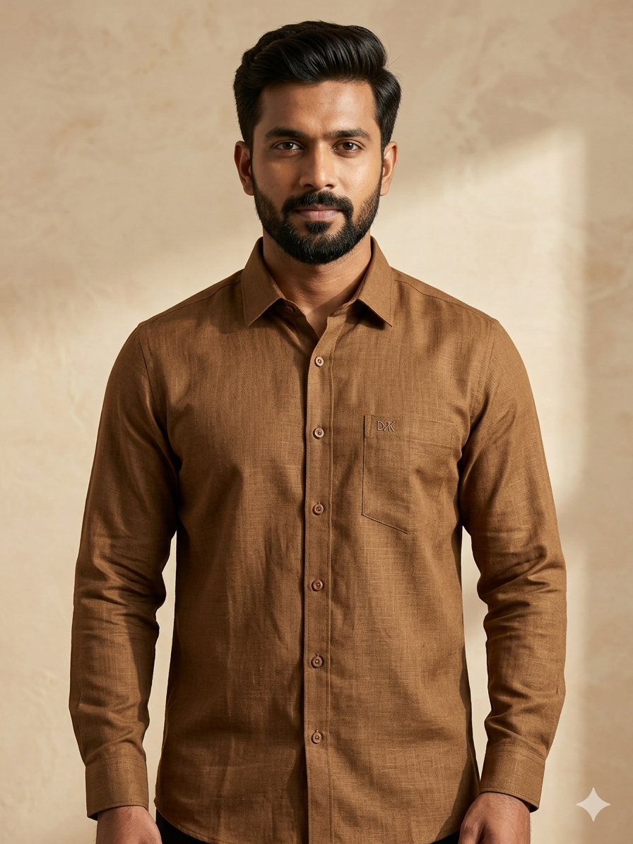 Man wearing a brown LINEN shirt against a beige background