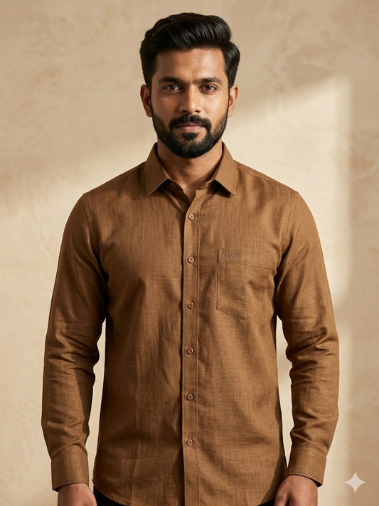 Man wearing a brown LINEN shirt against a beige background