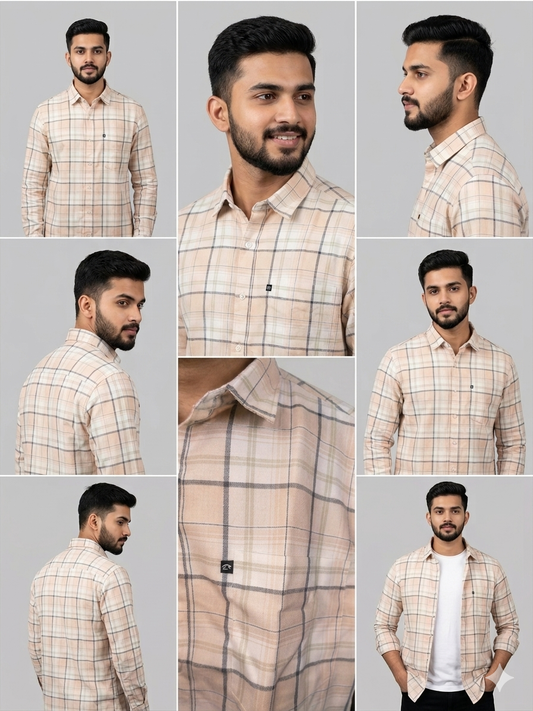 PALE PEACH PREMIUM CHECKERED SHIRT modern full sleeve wear(unisex)