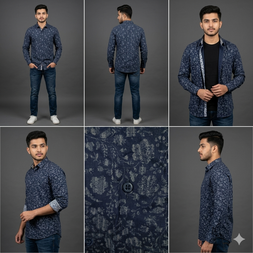 Midnight Indigo Floral Motif Shirt full sleeves