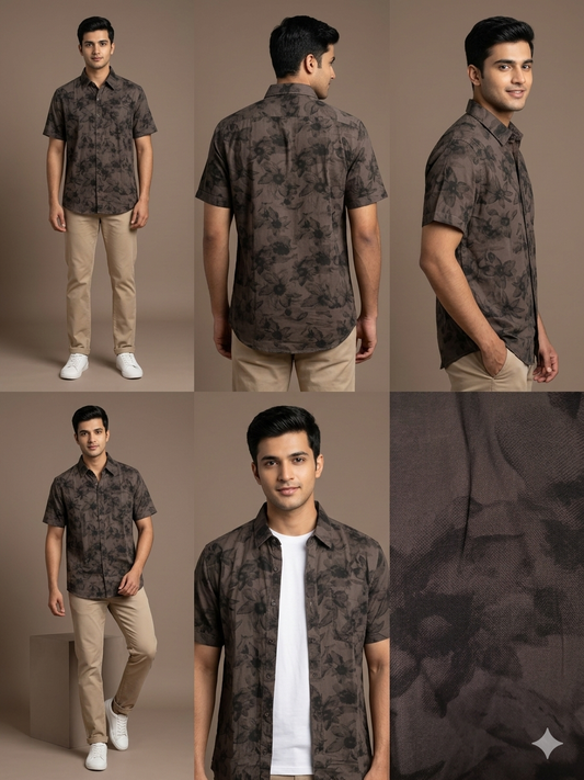 BROWN Premium Breathable Rayon Cotton  Floral Button-Down