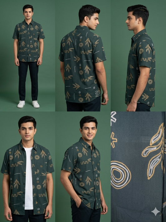 DEEP HUNTER GREEN Premium Breathable Rayon Cotton  Floral Button-Down