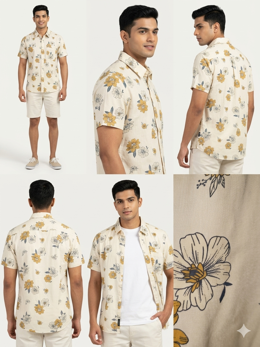 BEIGE Premium Breathable Rayon Cotton  Floral Button-Down