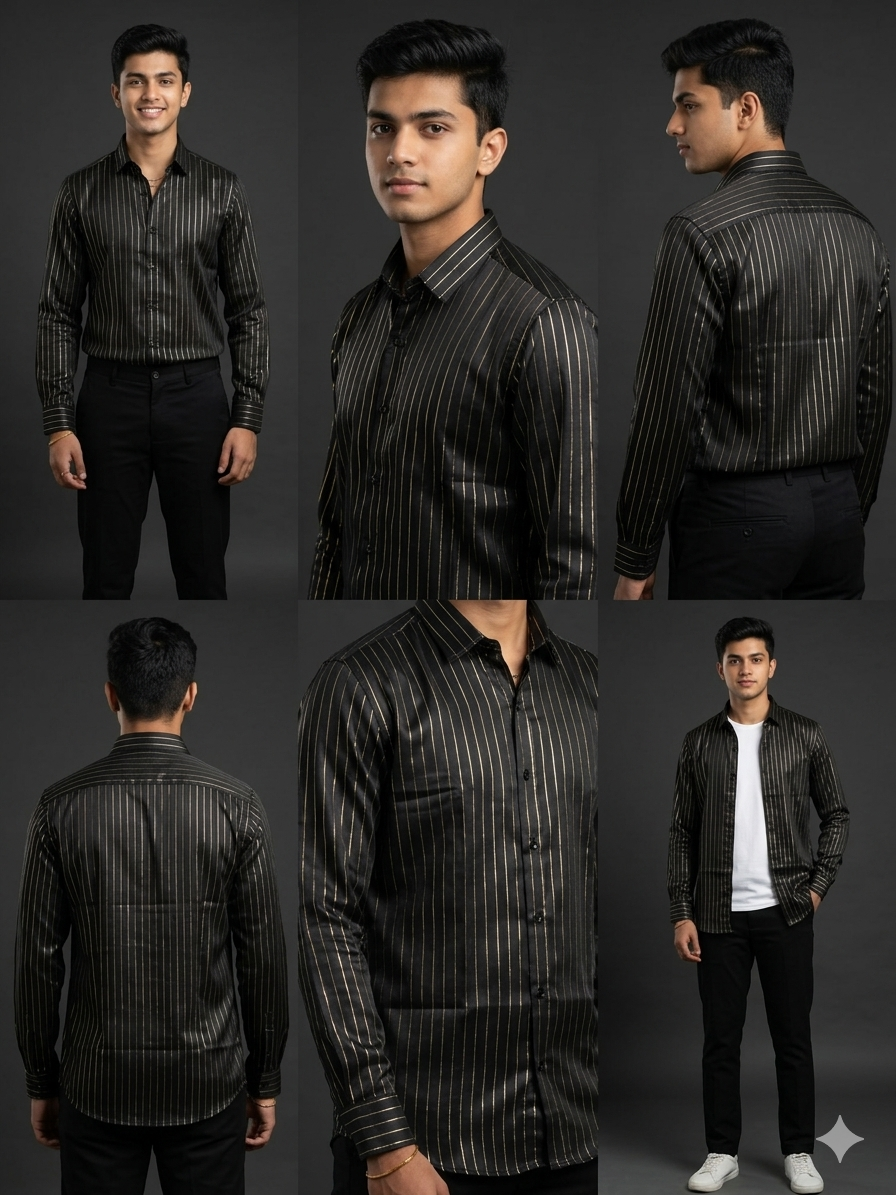 BLACK SATIN GOLD PRINTED SHIRTS FULL SLEEVES