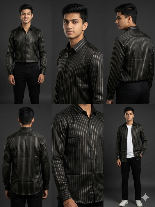 BLACK SATIN GOLD PRINTED SHIRTS FULL SLEEVES