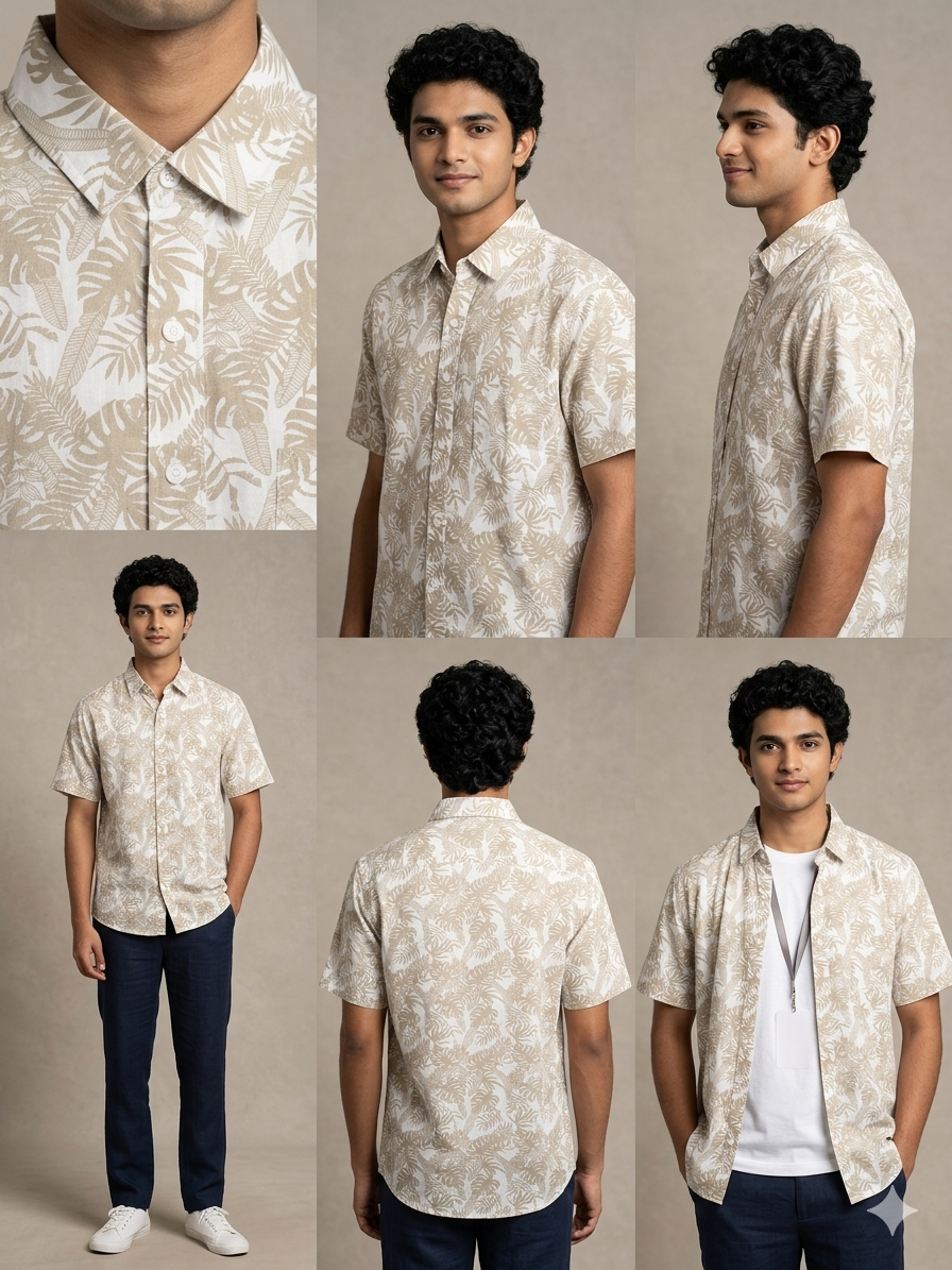 BEIGE PALM PRINT COTTON HALF SHIRT (The Oasis Resort Shirt)