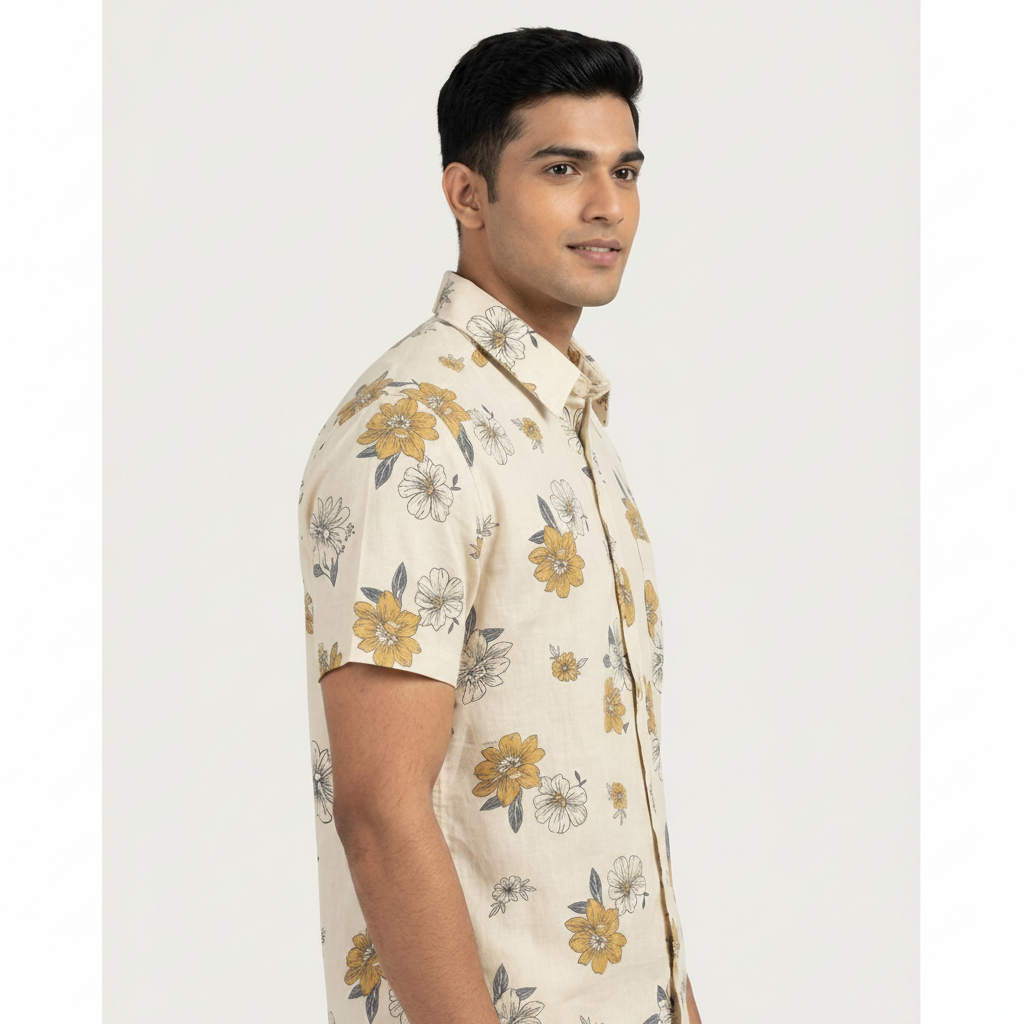 Man wearing a floral patterned RAYON COTTON shirt on a white background