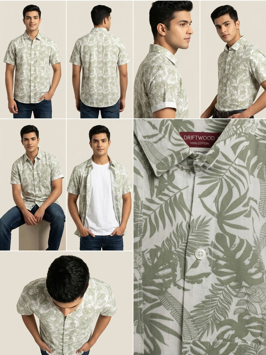 BEIGE PALM PRINT COTTON HALF SHIRT (The Oasis Resort Shirt)