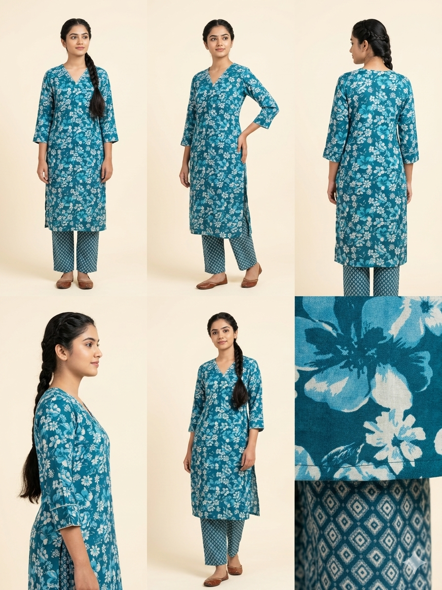 Teal Floral Print Cotton Straight Kurti Set (with trousers)