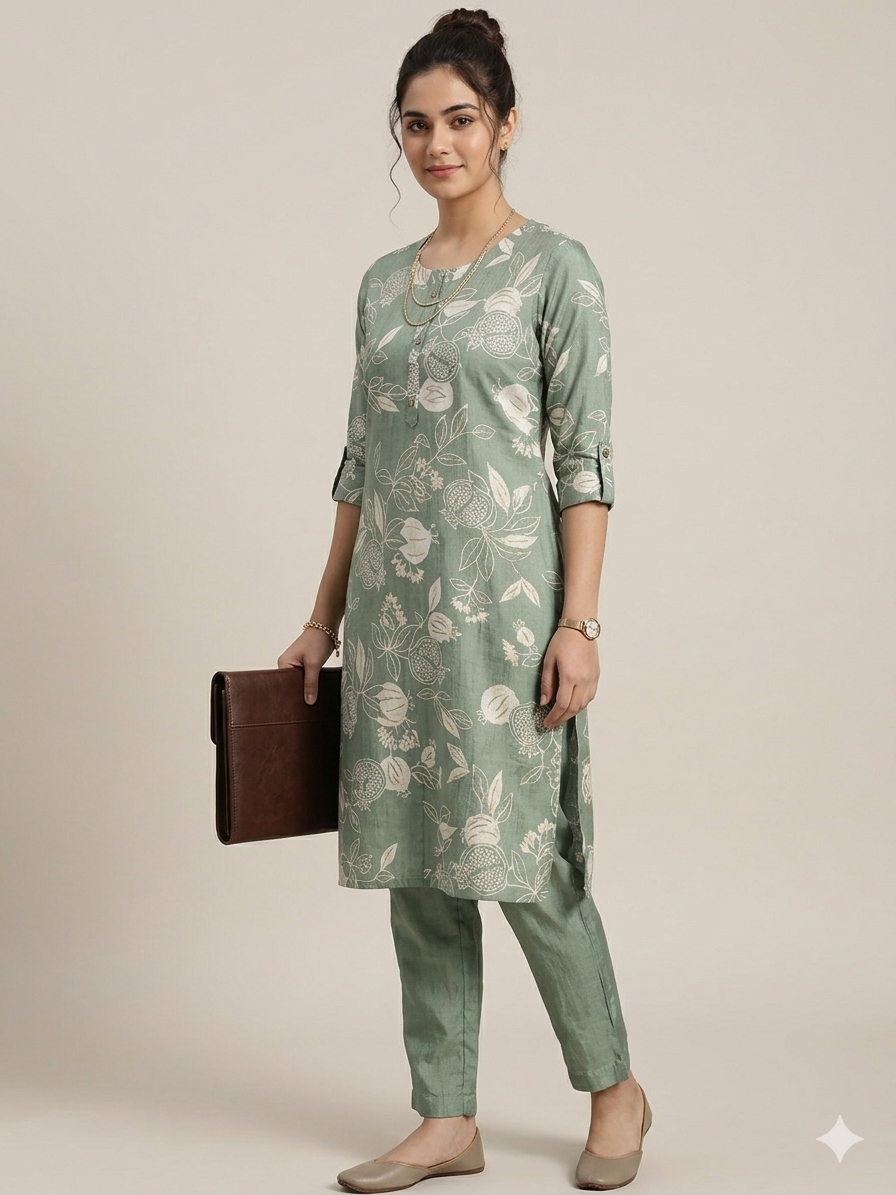 Woman wearing a green floral kurta with matching pants, holding a brown clutch.