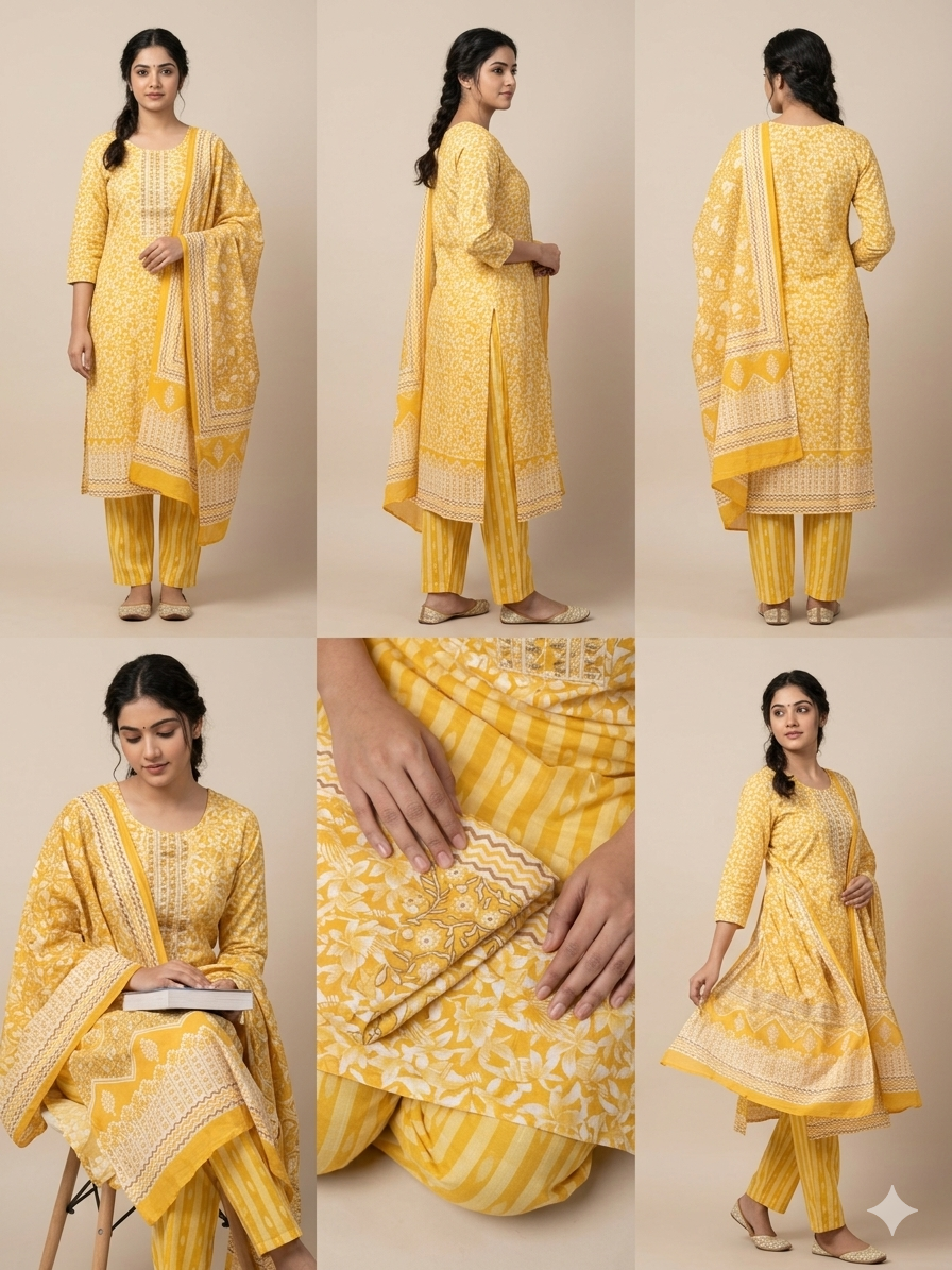 Yellow Floral Elegance Three-Piece Suit Set