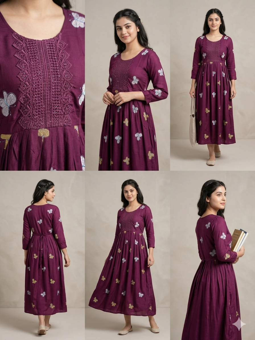 BROWN Exquisite Butterfly Embroidered Cotton Anarkali