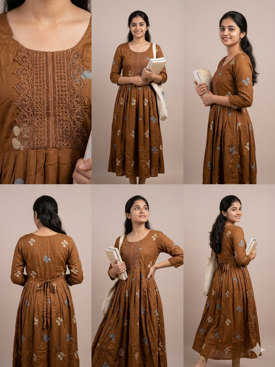 BROWN Exquisite Butterfly Embroidered Cotton Anarkali
