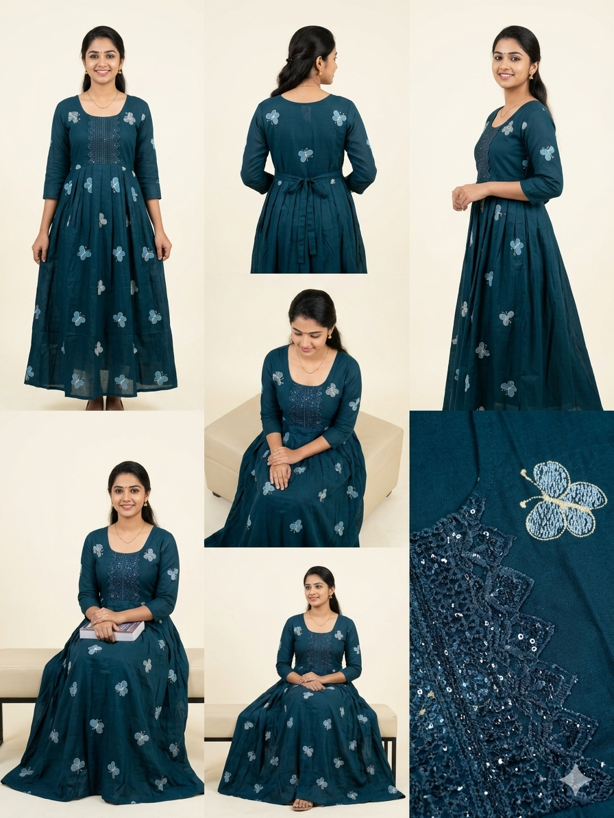 BROWN Exquisite Butterfly Embroidered Cotton Anarkali