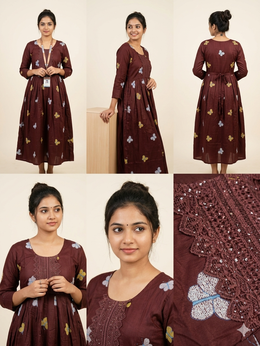 BROWN Exquisite Butterfly Embroidered Cotton Anarkali