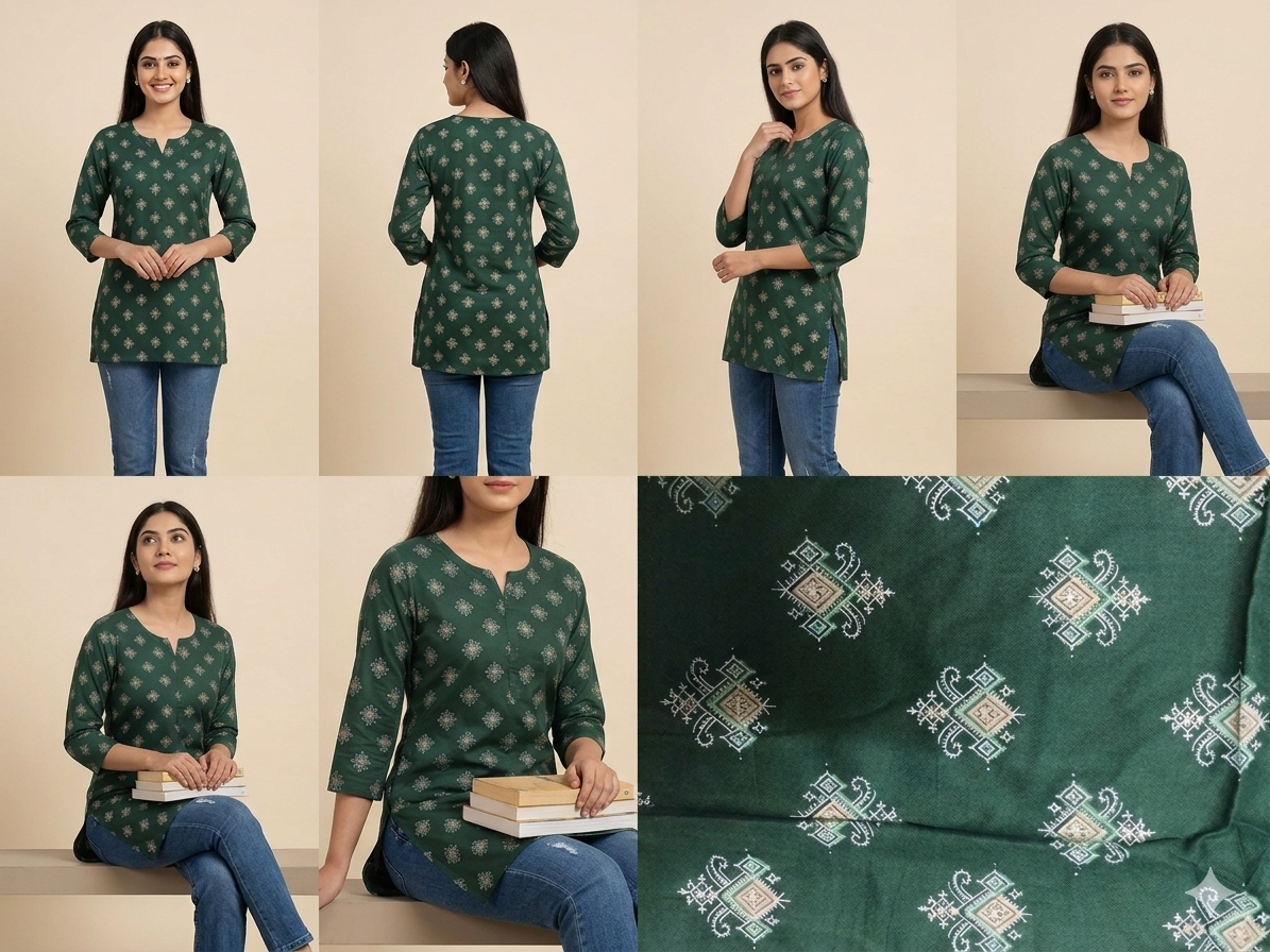 DEEP HUNTER GREEN SHORT KURTI | PREMIUM COTTON | PRINTED