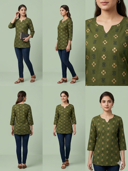 OLIVE GREEN SHORT KURTI | PREMIUM COTTON | PRINTED