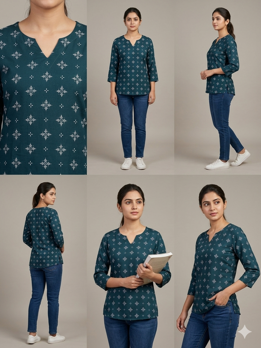 TEAL SHORT KURTI | PREMIUM COTTON | PRINTED
