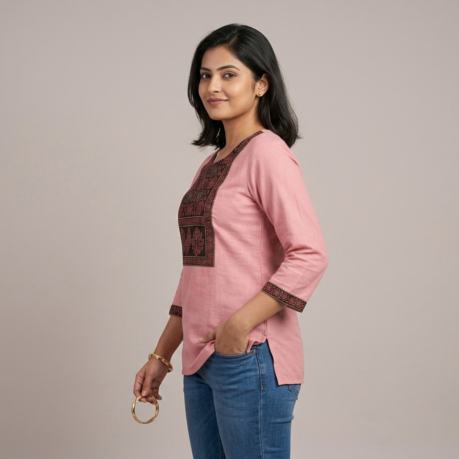 Woman wearing a pink short top with patterned sleeves and blue jeans on a plain background