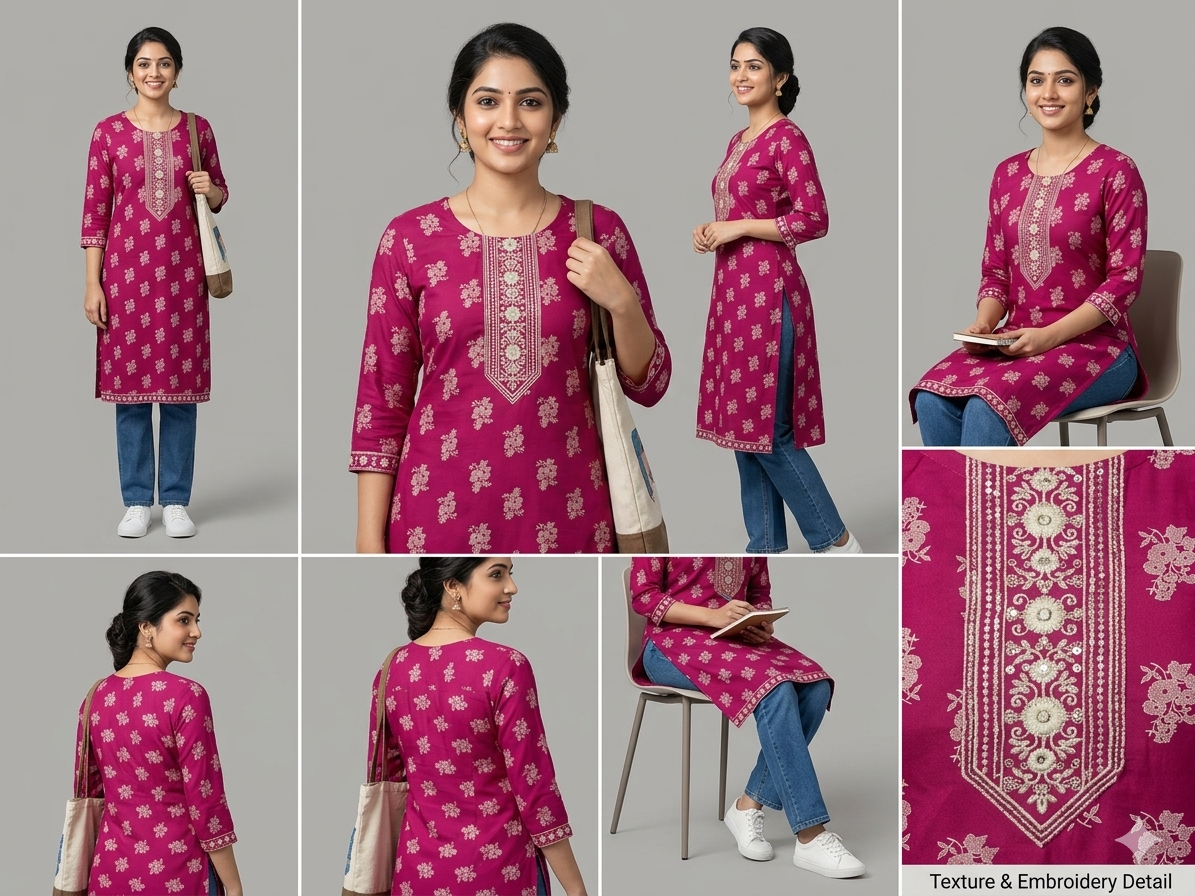 PINK Straight-Cut Embroidered and Printed Kurta | COTTON