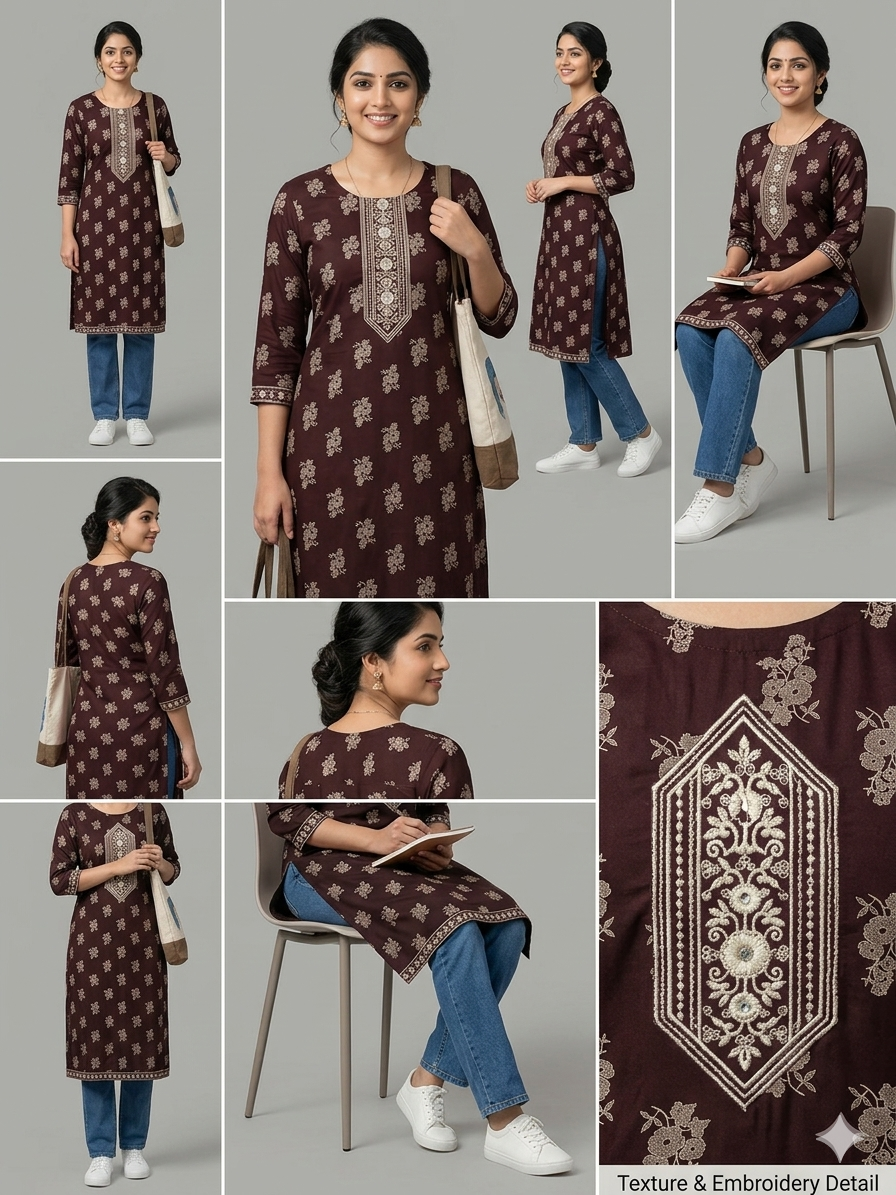 PINK Straight-Cut Embroidered and Printed Kurta | COTTON