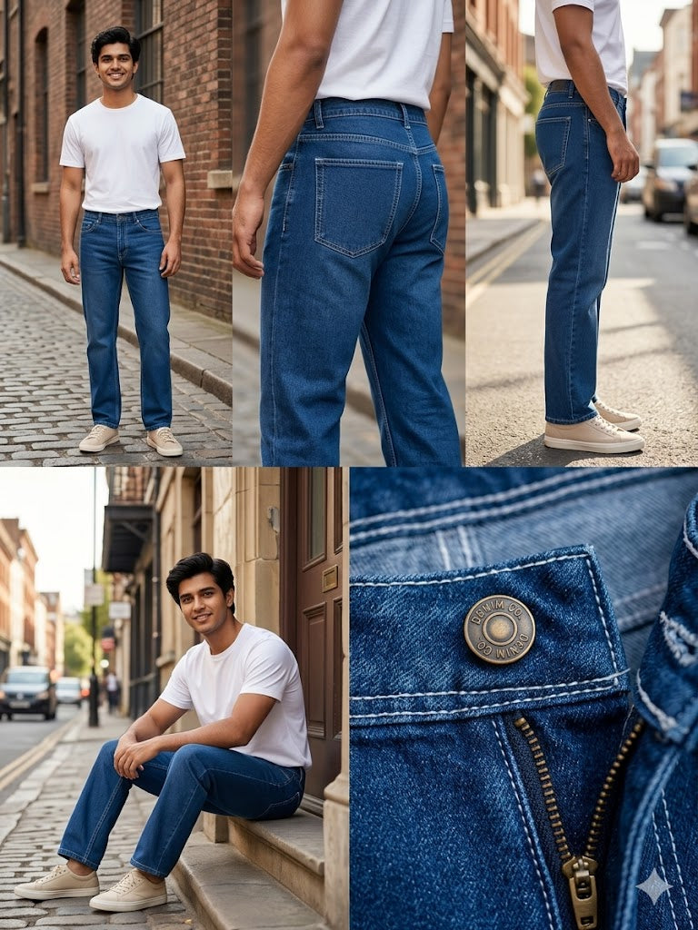 Blue Classic Fit Straight Leg Jeans