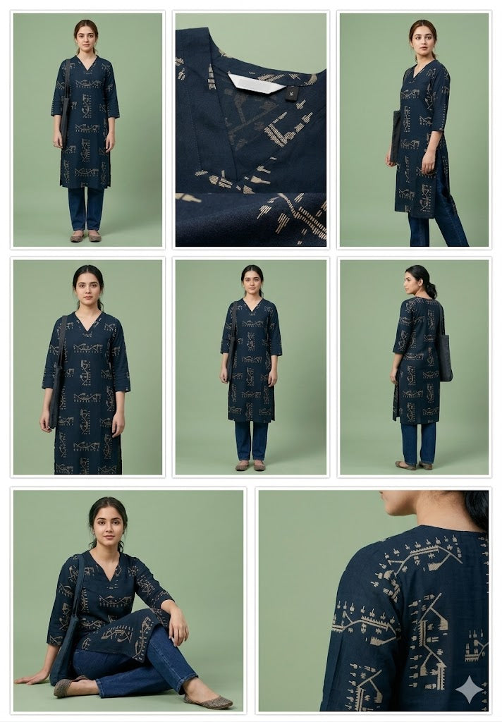 TEAL BLUE Geometric Print Cotton Straight Kurta