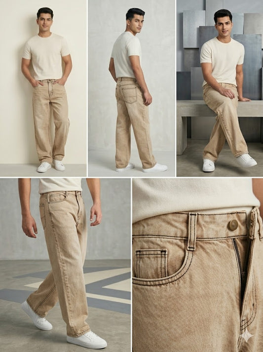 BEIGE PREMIUM RELAXED FIT BAGGY JEANS