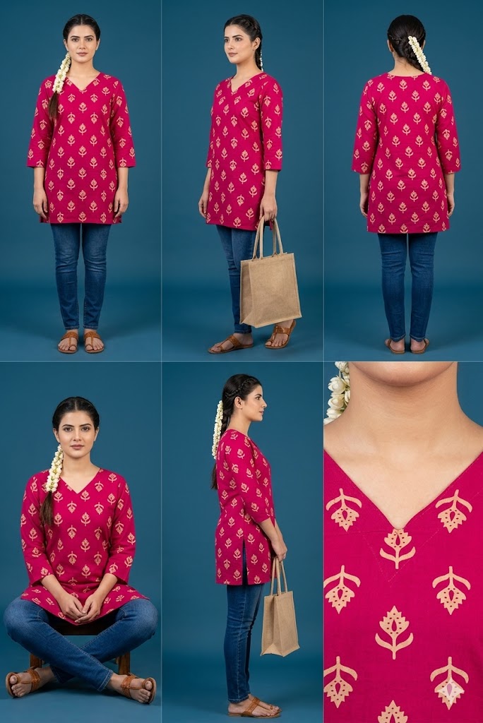 MEGANTA PINK LINEN-COTTON PRINTED SHORT KURTI TOP