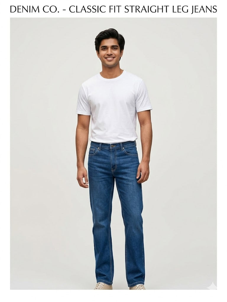 Blue Classic Fit Straight Leg Jeans