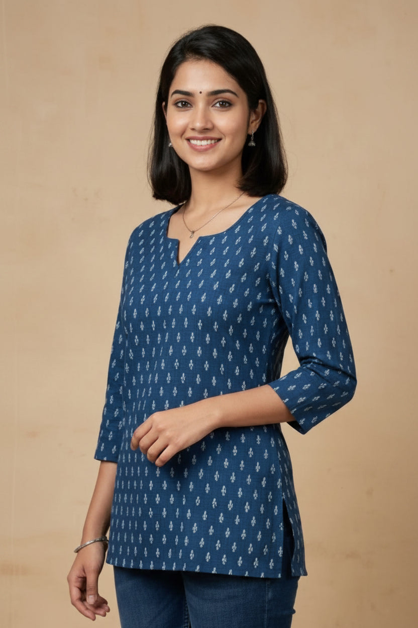 Woman wearing a blue patterned CROP top against a beige background