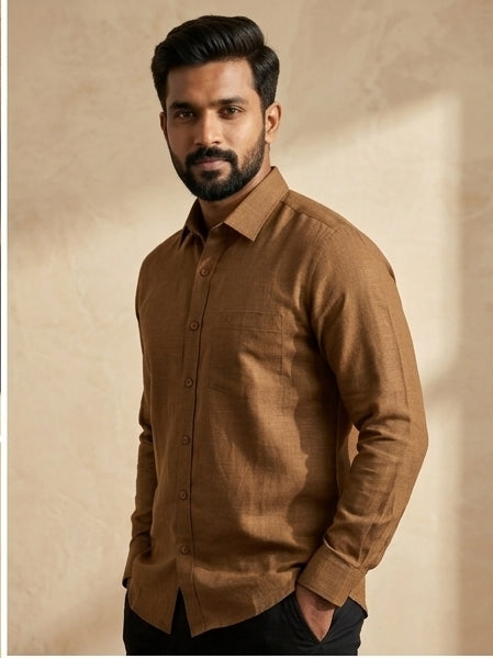 GOLDEN BROWN LINEN FULL SLEEVE SHIRT