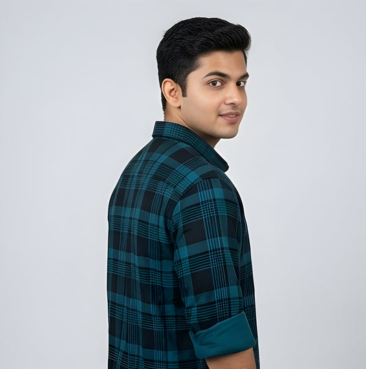 TEAL AND BLACK color Full sleeve checkered shirt cotton  (dark colors)
