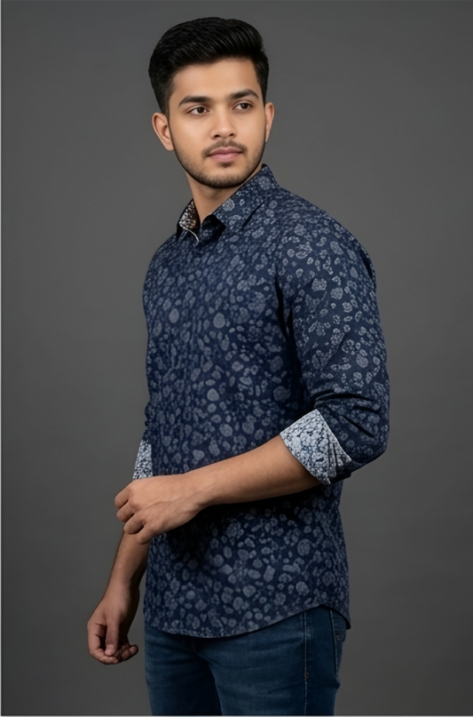 Midnight Indigo Floral Motif Shirt full sleeves