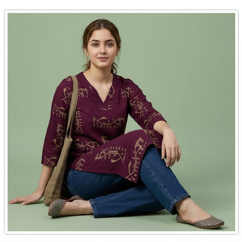 Woman wearing a purple embroidered top and blue jeans sitting on a green background