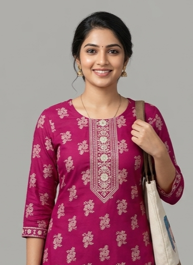 PINK Straight-Cut Embroidered and Printed Kurta | COTTON