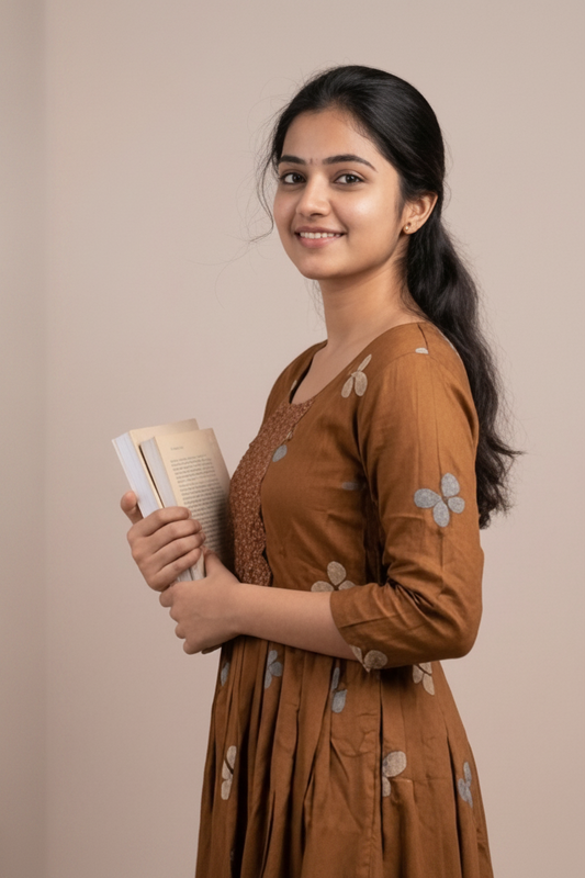 Woman in a brown anarkali holding a book against a beige background