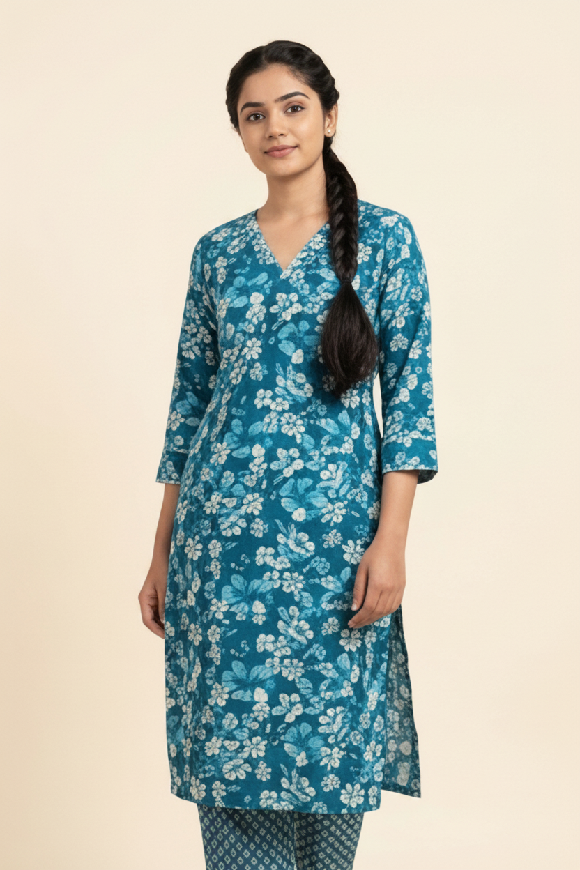 Woman wearing a blue floral kurta with white flowers on a beige background