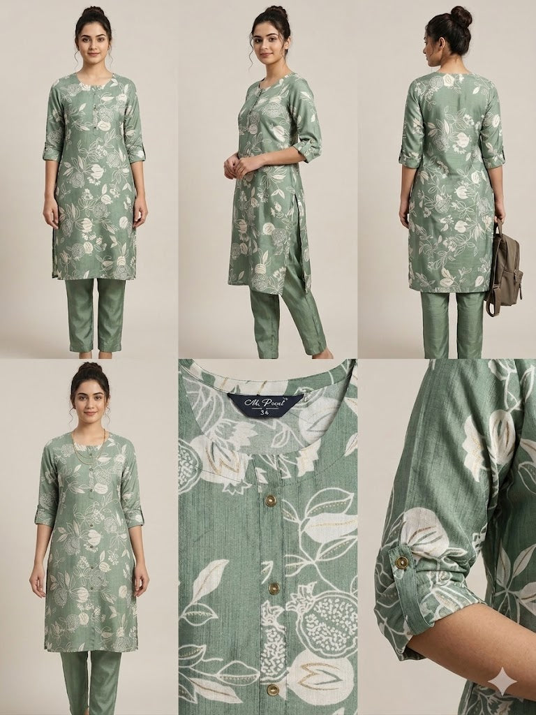 SAGE GREEN BOTANICAL GOLD PRINTED STRAIGHT-CUT KURTI WITH MATCHING TROUSERS