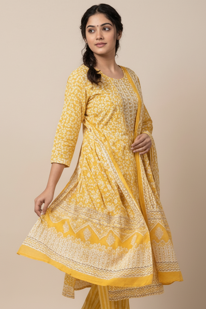 Woman wearing a yellow traditional outfit with a beige background, 3 piece set.