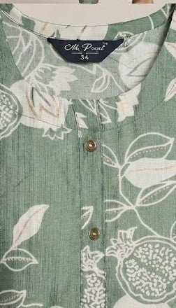 SAGE GREEN BOTANICAL GOLD PRINTED STRAIGHT-CUT KURTI WITH MATCHING TROUSERS